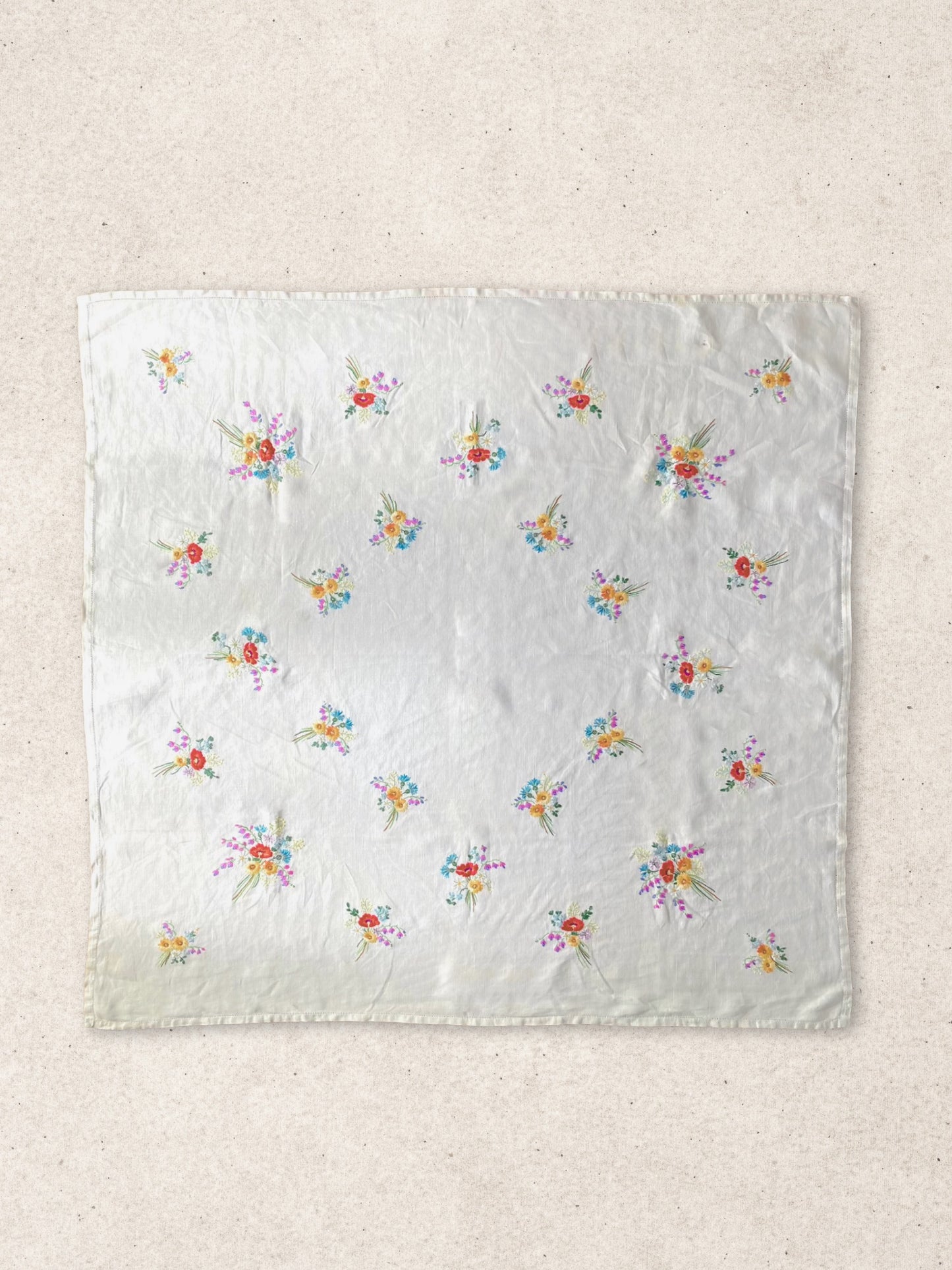 Vintage European Linen Cloth with Hand-Embroidered Wildflower Bouquets