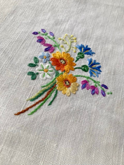 Vintage European Linen Cloth with Hand-Embroidered Wildflower Bouquets