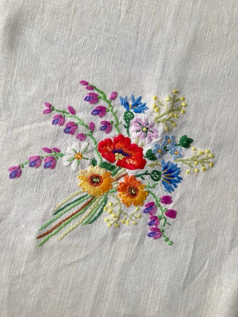 Vintage European Linen Cloth with Hand-Embroidered Wildflower Bouquets