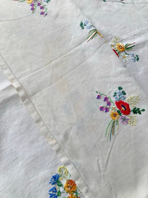 Vintage European Linen Cloth with Hand-Embroidered Wildflower Bouquets