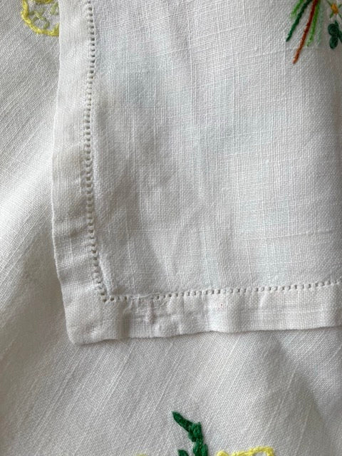 Vintage European Linen Cloth with Hand-Embroidered Wildflower Bouquets