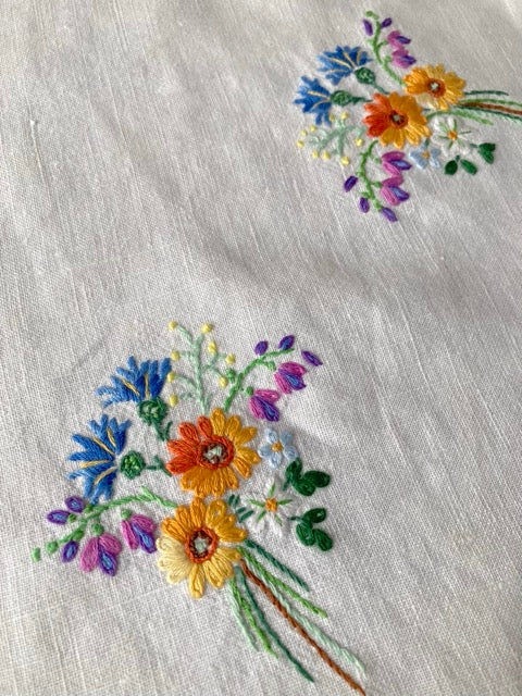 Vintage European Linen Cloth with Hand-Embroidered Wildflower Bouquets
