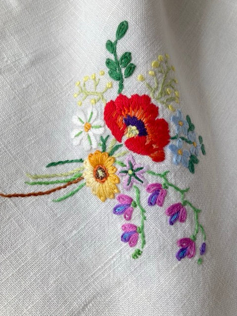 Vintage European Linen Cloth with Hand-Embroidered Wildflower Bouquets
