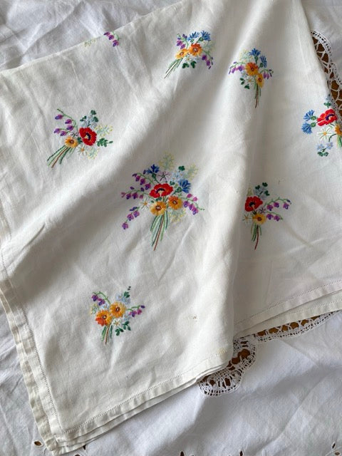 Vintage European Linen Cloth with Hand-Embroidered Wildflower Bouquets