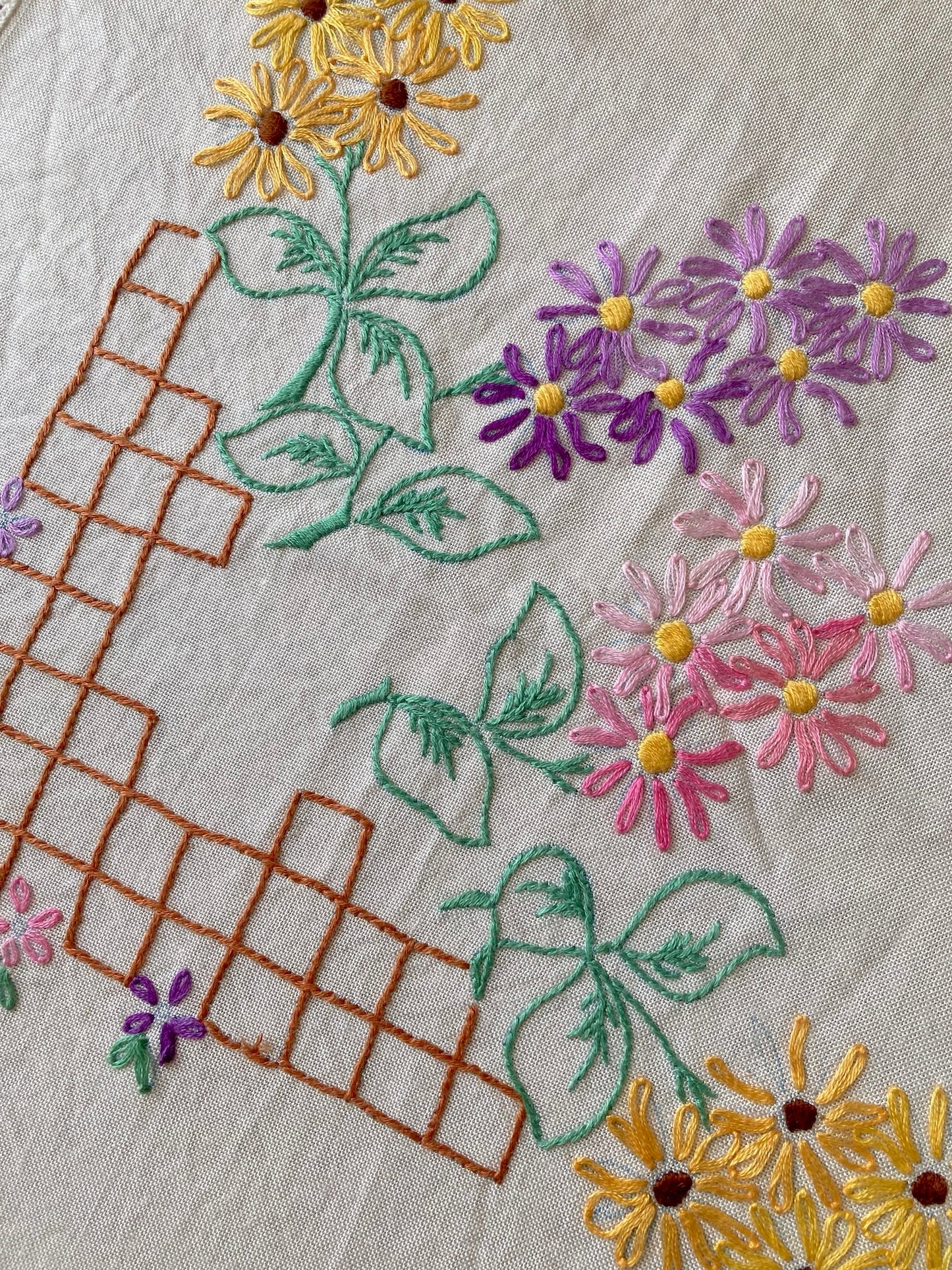 ヴィンテージ  生成り ハンドステッチ 刺繍 正方形 テーブルクロス