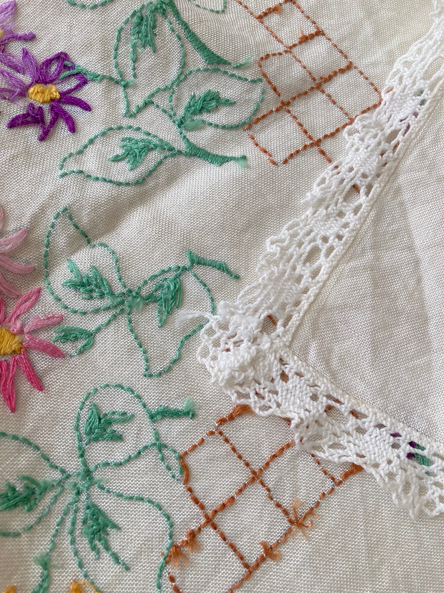 ヴィンテージ  生成り ハンドステッチ 刺繍 正方形 テーブルクロス