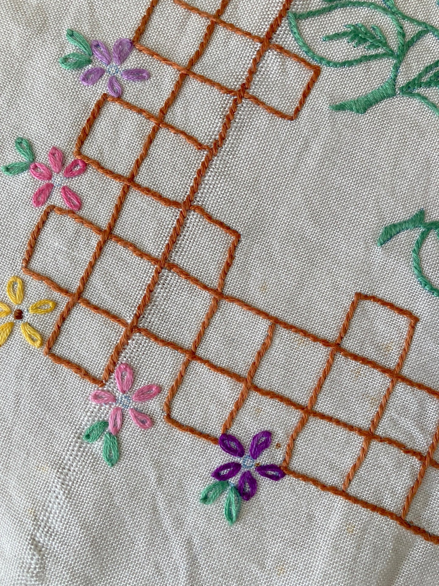 ヴィンテージ  生成り ハンドステッチ 刺繍 正方形 テーブルクロス