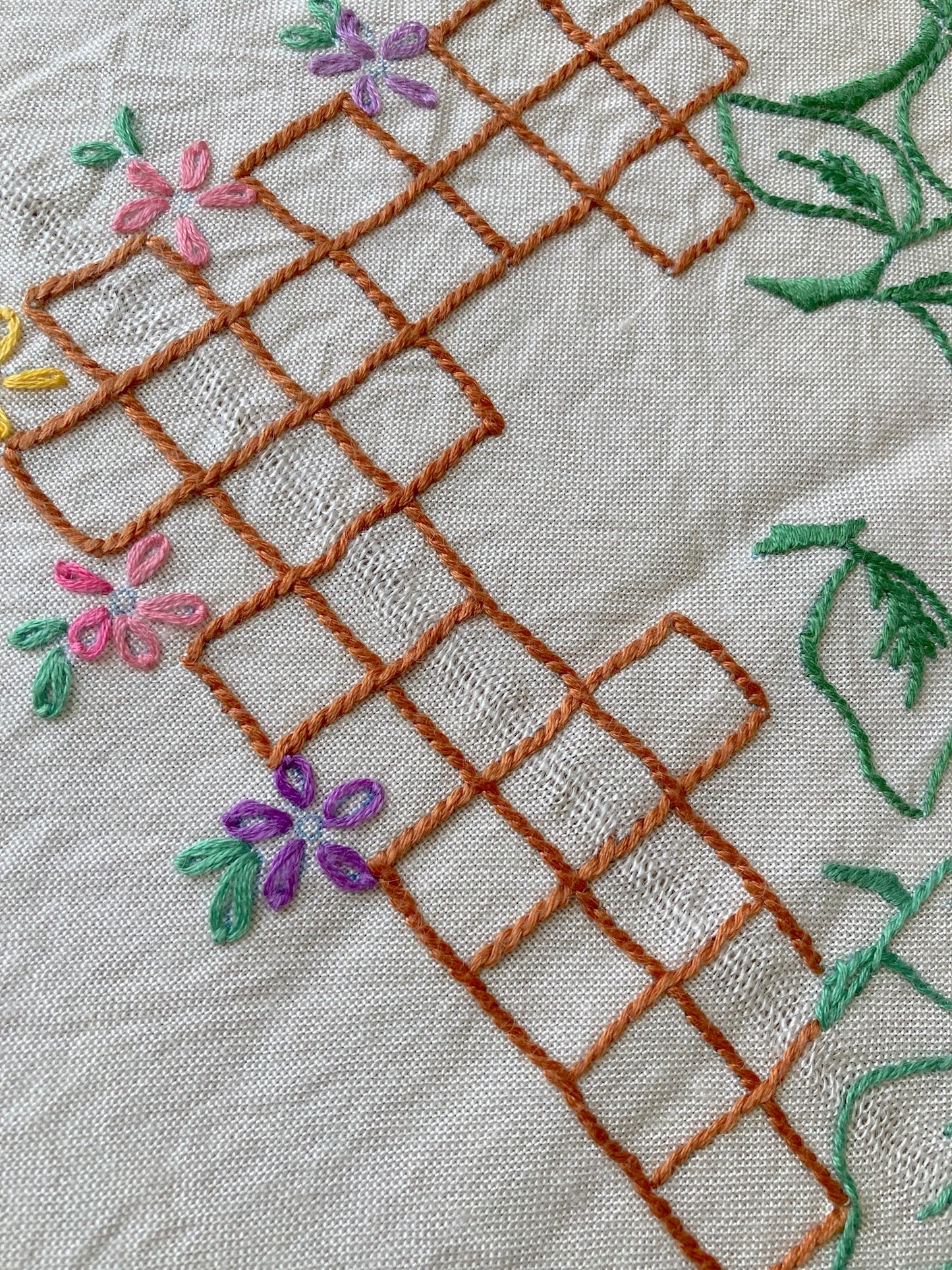 ヴィンテージ  生成り ハンドステッチ 刺繍 正方形 テーブルクロス