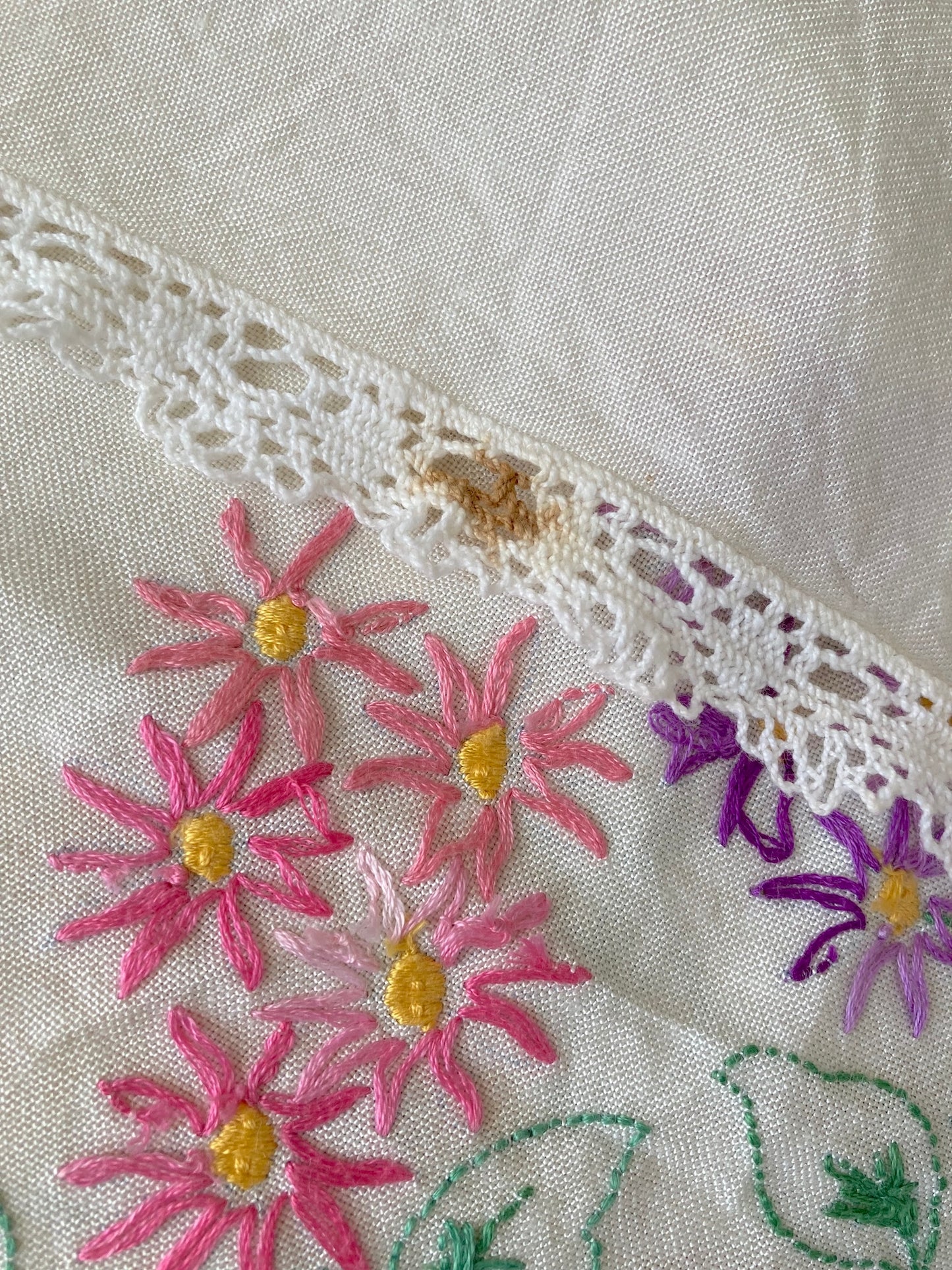 ヴィンテージ  生成り ハンドステッチ 刺繍 正方形 テーブルクロス