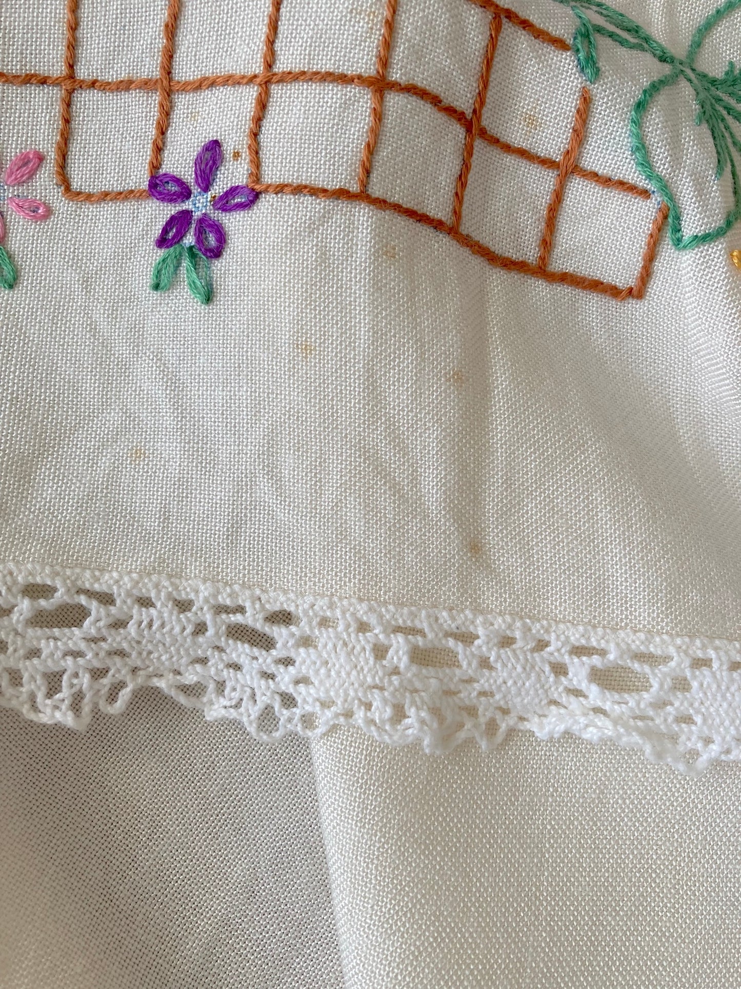 ヴィンテージ  生成り ハンドステッチ 刺繍 正方形 テーブルクロス