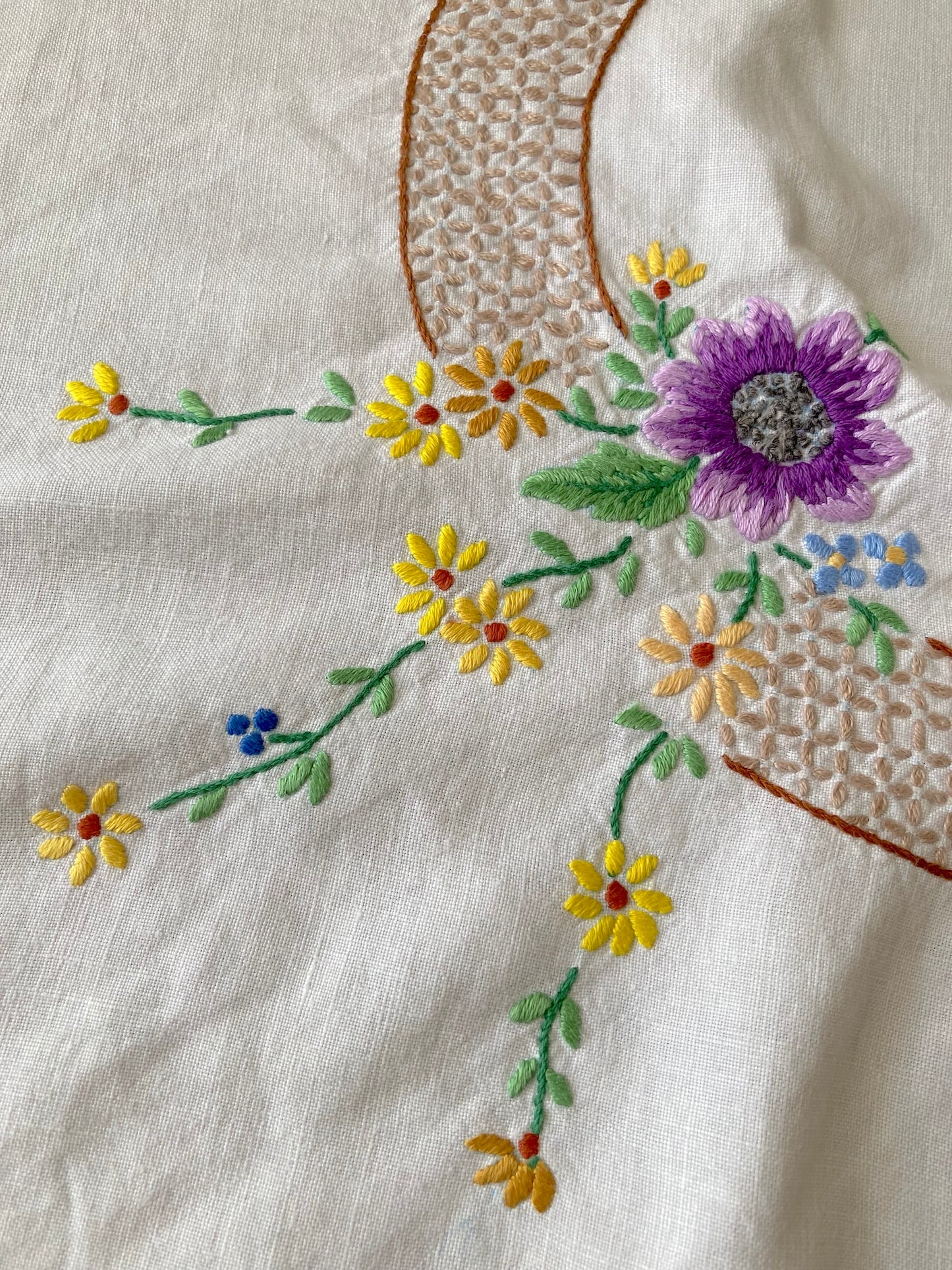 ヴィンテージ ハンドステッチ 刺繍 スカラップ テーブルクロス