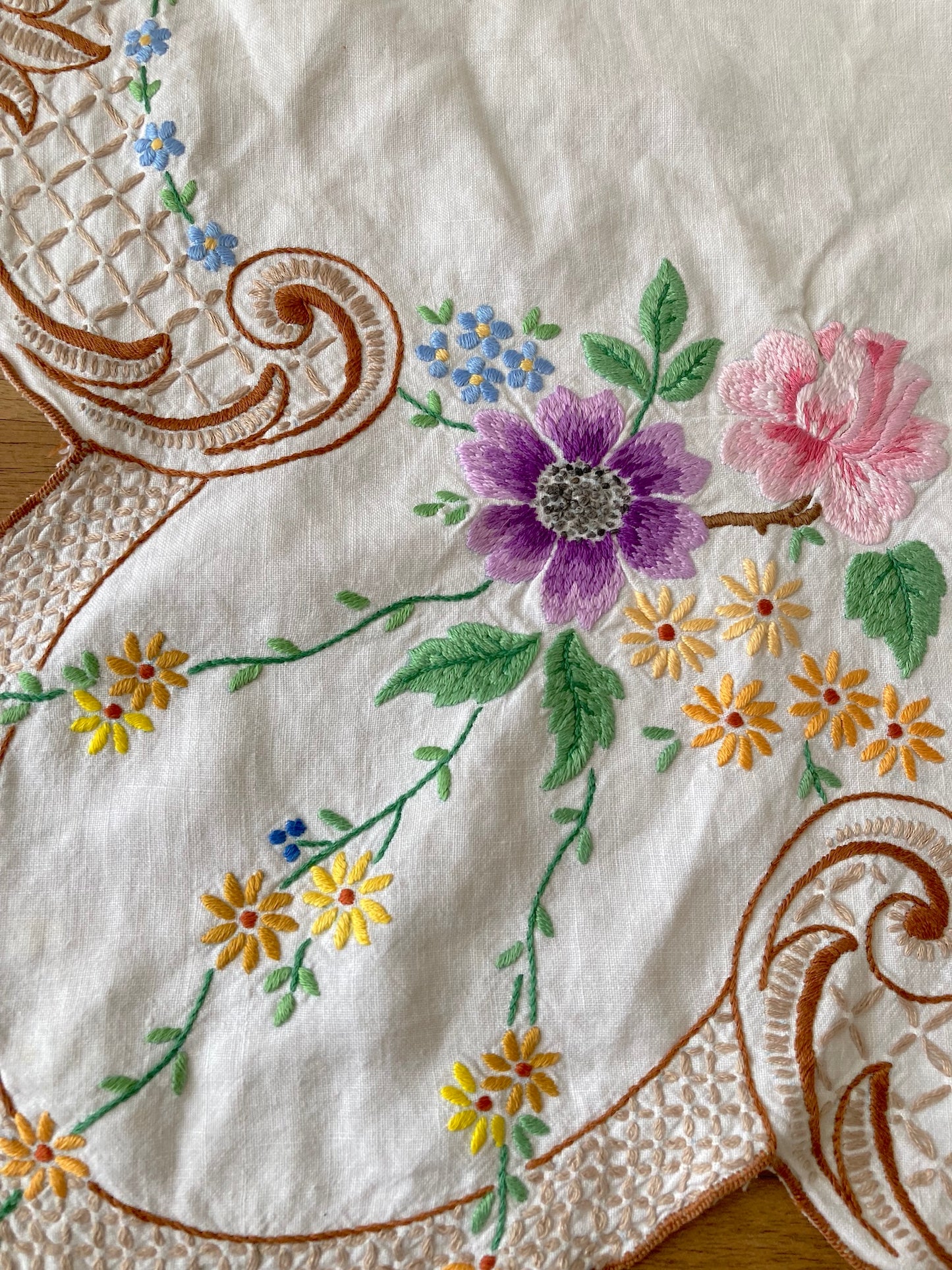 ヴィンテージ ハンドステッチ 刺繍 スカラップ テーブルクロス