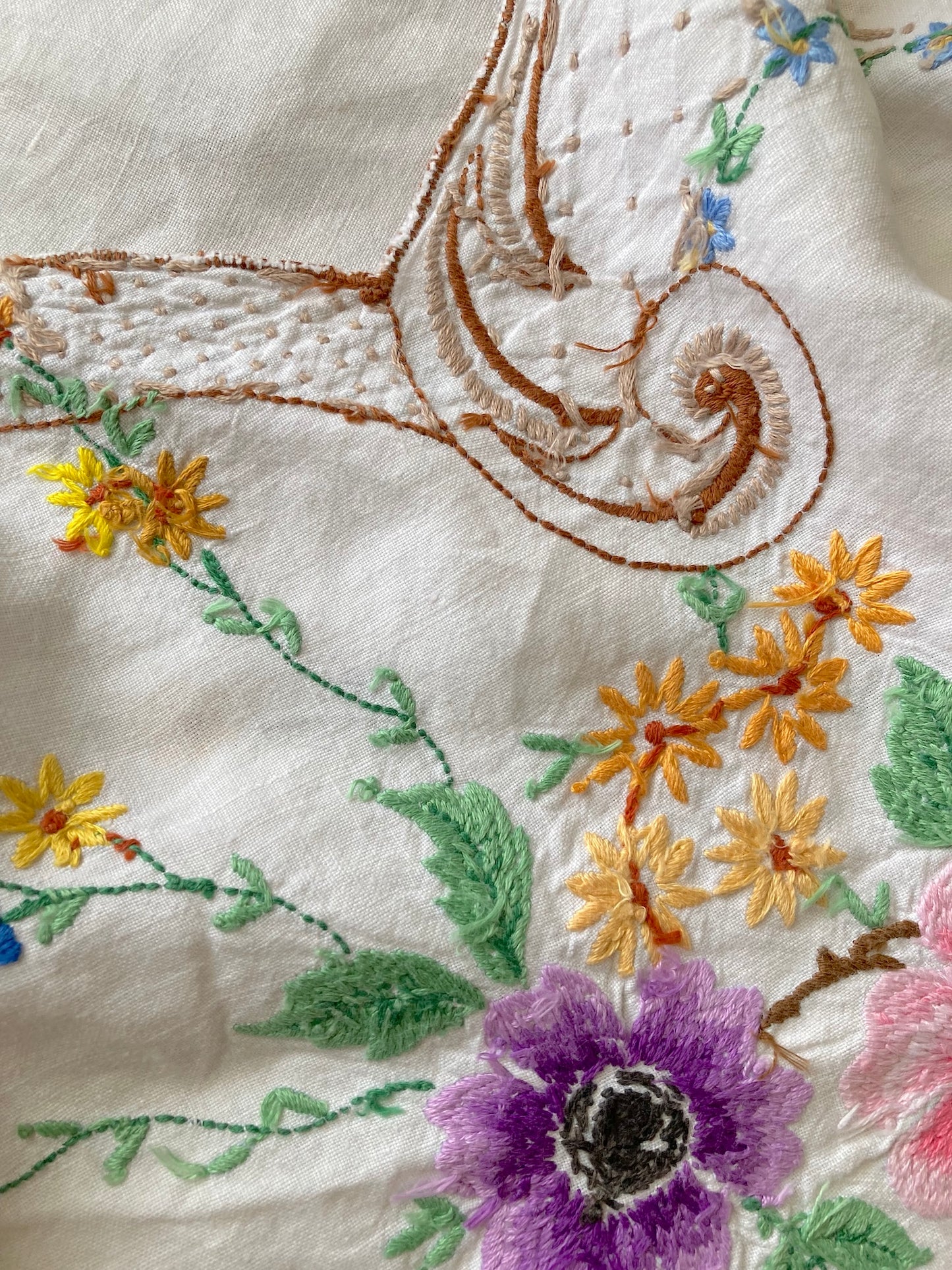 ヴィンテージ ハンドステッチ 刺繍 スカラップ テーブルクロス