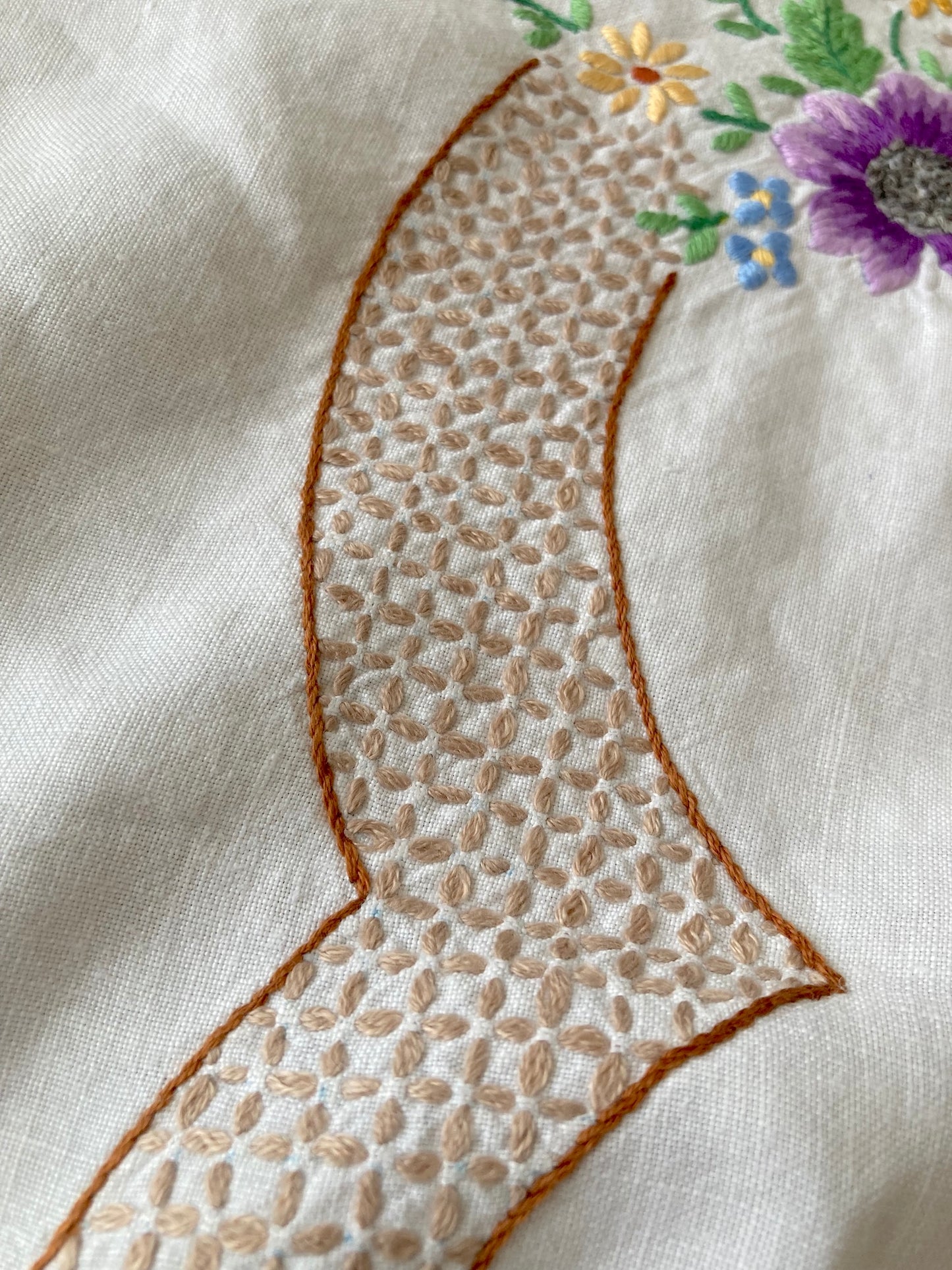 ヴィンテージ ハンドステッチ 刺繍 スカラップ テーブルクロス
