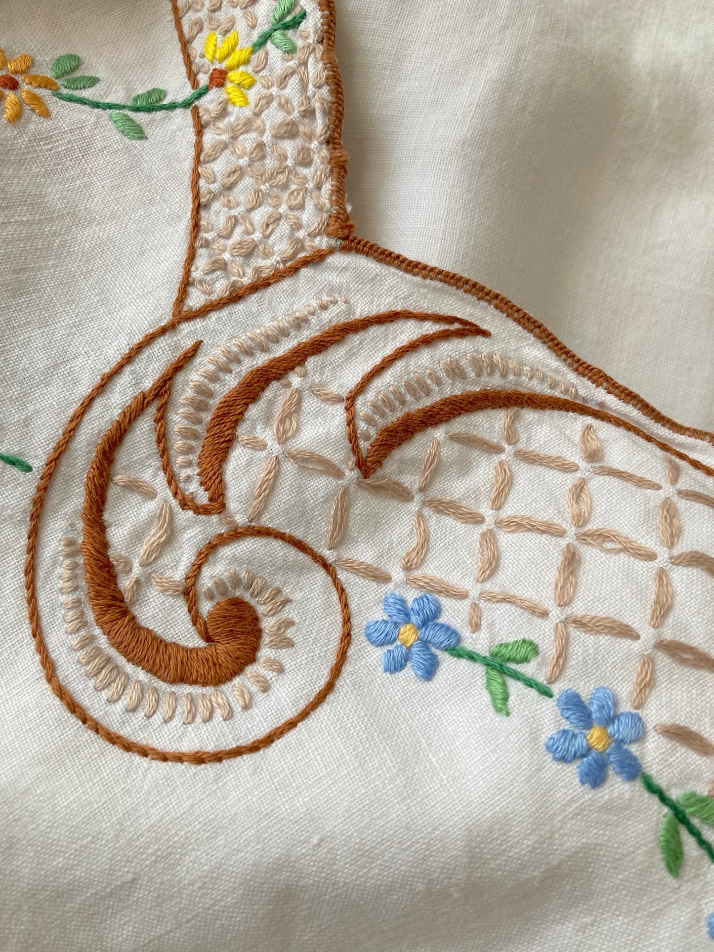 ヴィンテージ ハンドステッチ 刺繍 スカラップ テーブルクロス