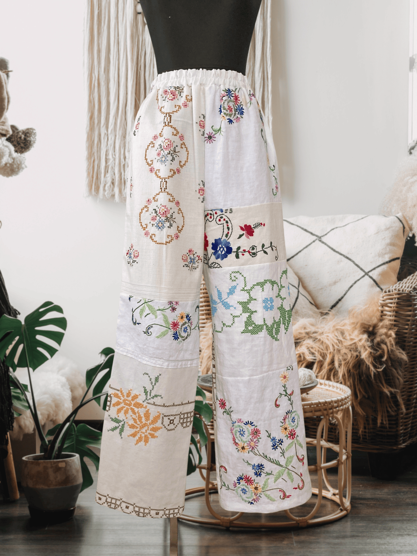 Upcycled Vintage Patchwork Embroidered Pants, One of a Kind Wide Leg Trousers