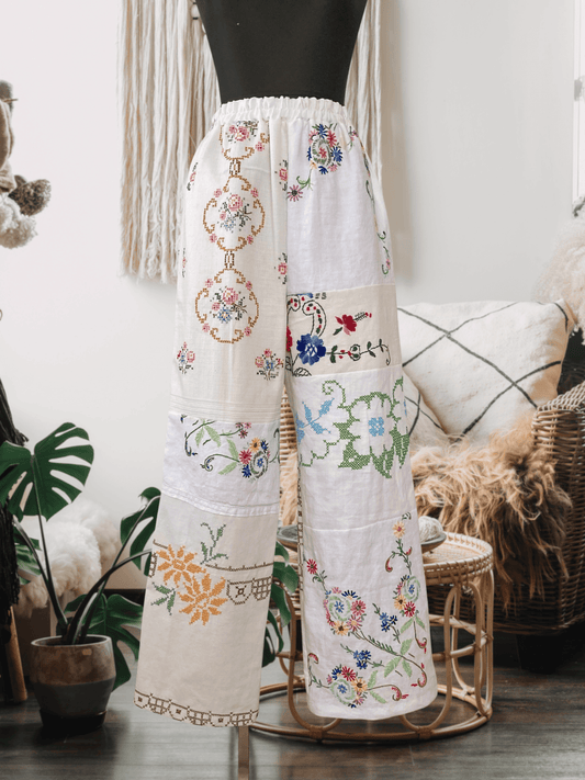 Upcycled Vintage Patchwork Embroidered Pants, One of a Kind Wide Leg Trousers