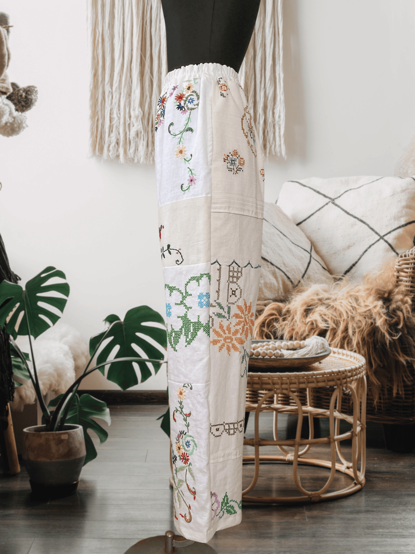 Upcycled Vintage Patchwork Embroidered Pants, One of a Kind Wide Leg Trousers