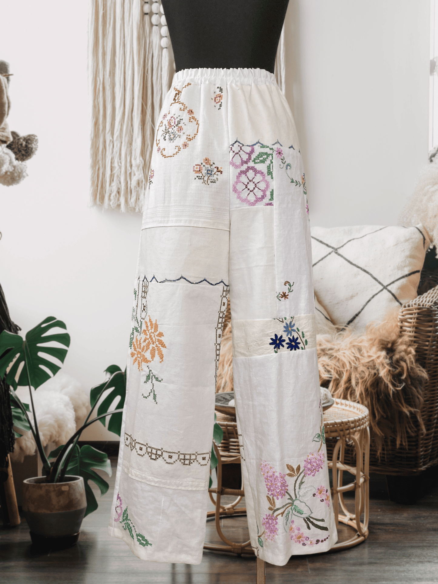 Upcycled Vintage Patchwork Embroidered Pants, One of a Kind Wide Leg Trousers