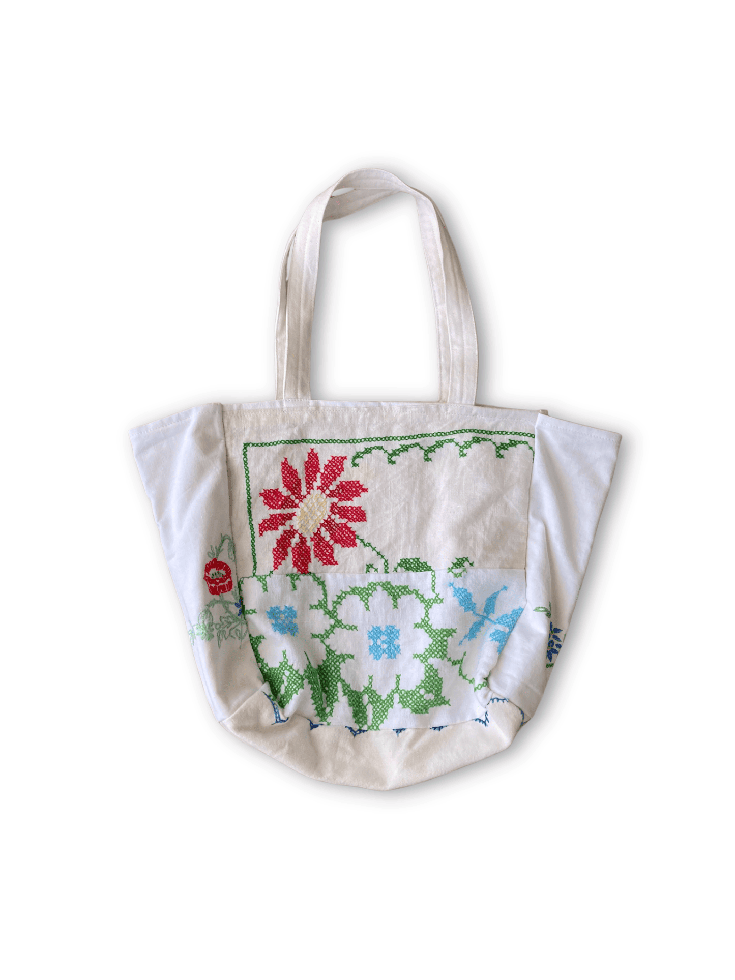Upcycled Vintage Embroidered Tote Bag, Cotton Linen Patchwork　'A'