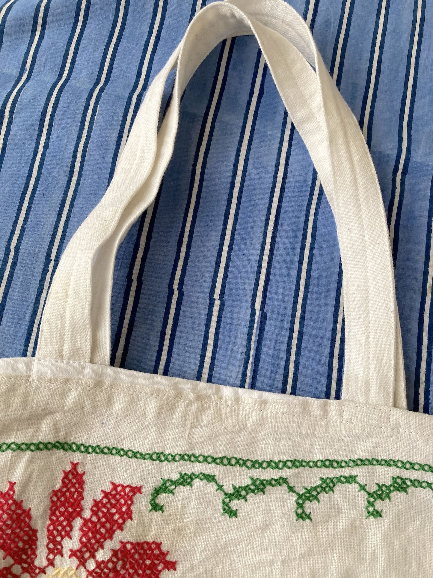 Upcycled Vintage Embroidered Tote Bag, Cotton Linen Patchwork　'A'