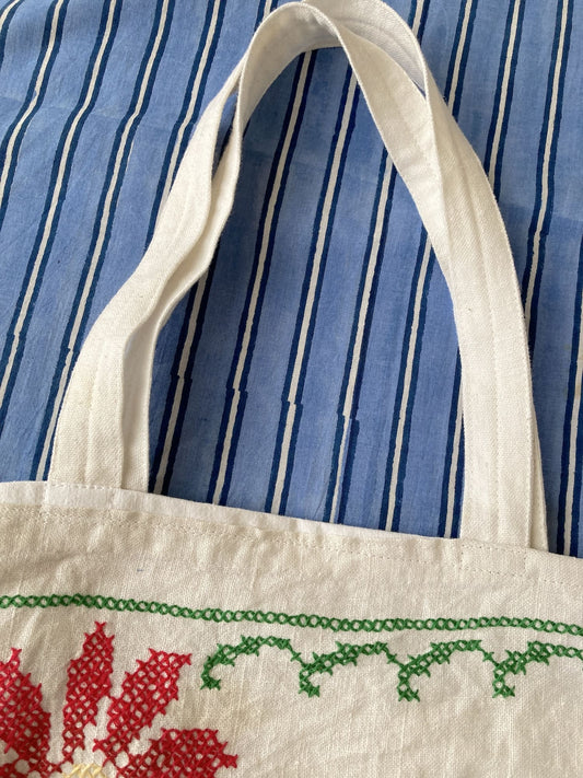 Upcycled Vintage Embroidered Tote Bag, Cotton Linen Patchwork　'A'