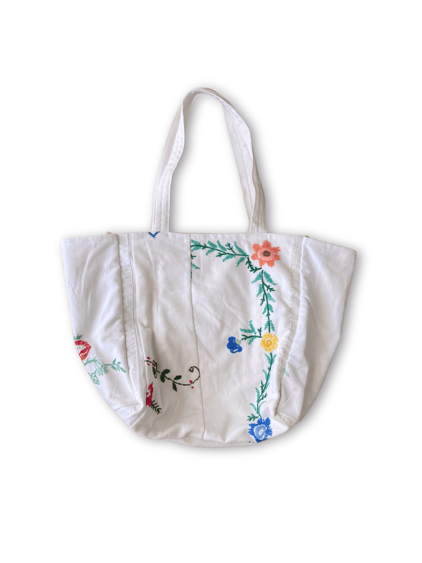 Upcycled Vintage Embroidered Tote Bag, Cotton Linen Patchwork　'A'