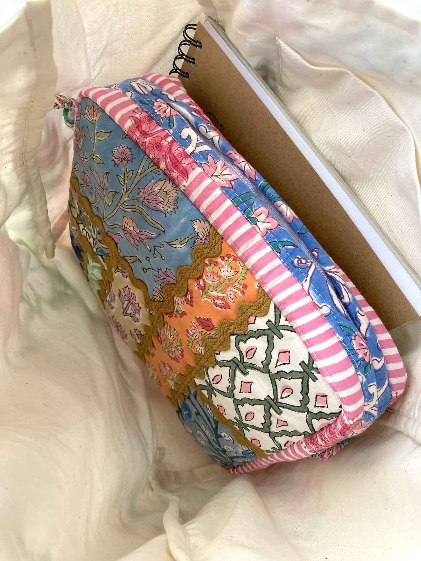 Upcycled Vintage Embroidered Tote Bag, Cotton Linen Patchwork　'A'