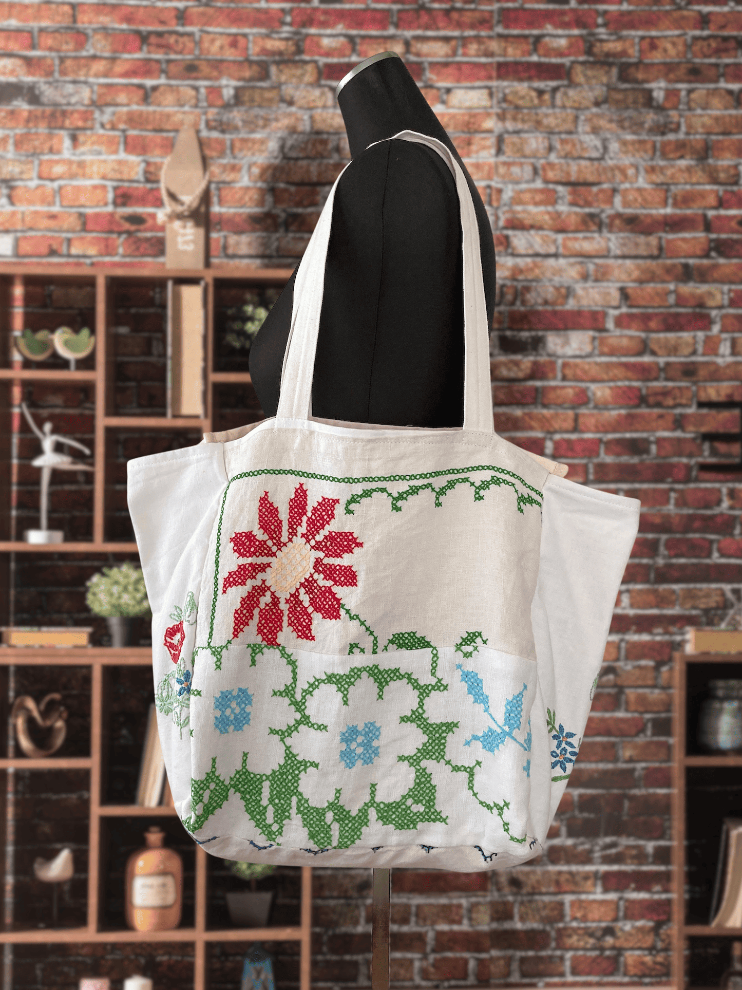 Upcycled Vintage Embroidered Tote Bag, Cotton Linen Patchwork　'A'