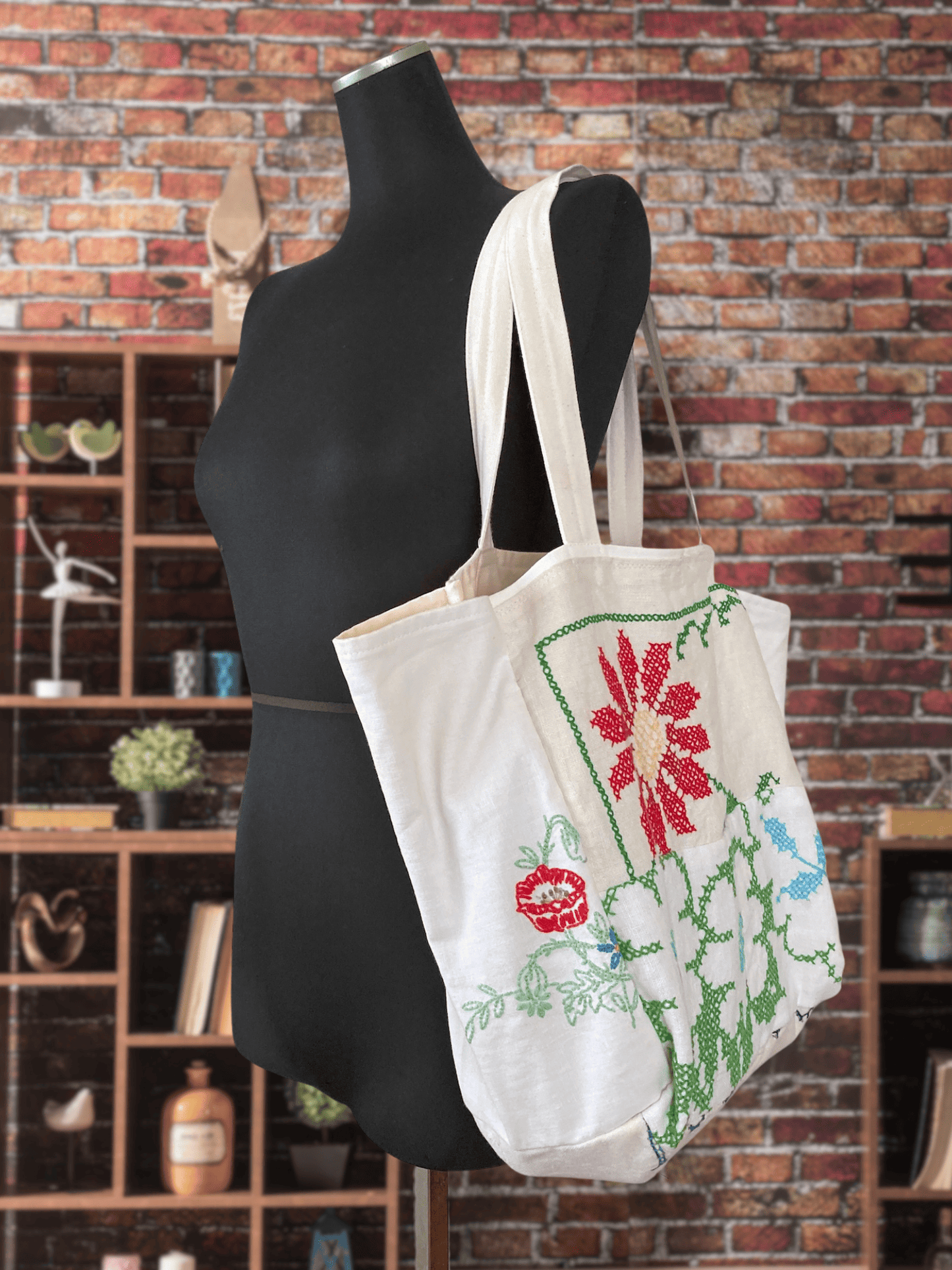 Upcycled Vintage Embroidered Tote Bag, Cotton Linen Patchwork　'A'