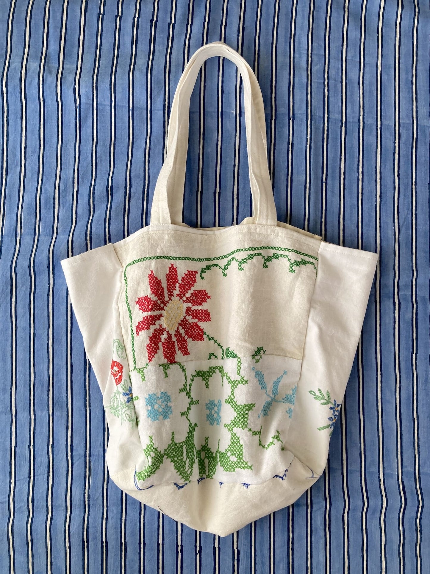 Upcycled Vintage Embroidered Tote Bag, Cotton Linen Patchwork　'A'