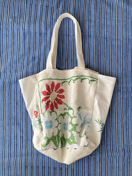 Upcycled Vintage Embroidered Tote Bag, Cotton Linen Patchwork　'A'