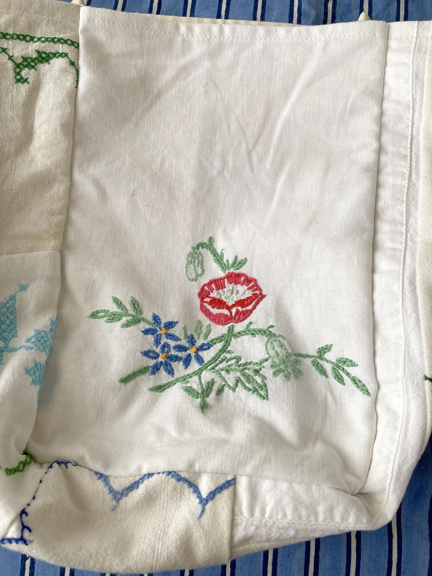 Upcycled Vintage Embroidered Tote Bag, Cotton Linen Patchwork　'A'