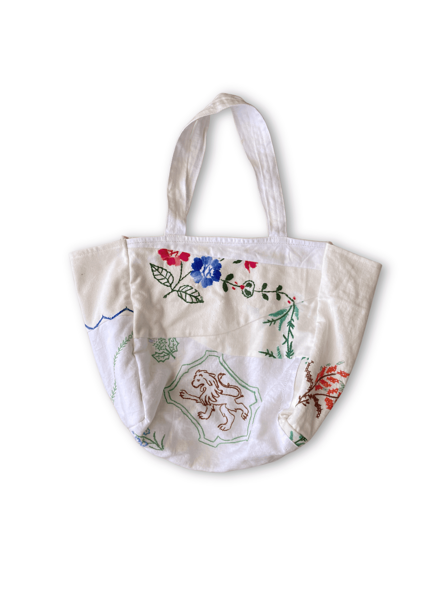 Upcycled Vintage Embroidered Tote Bag, Cotton Linen Patchwork　'B'