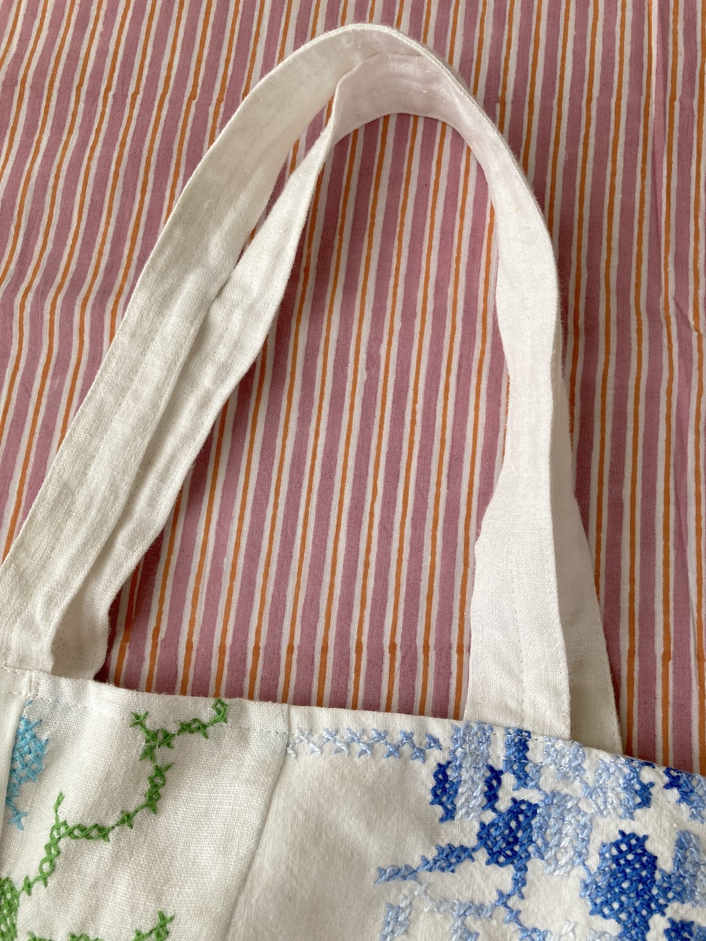 Upcycled Vintage Embroidered Tote Bag, Cotton Linen Patchwork　'B'