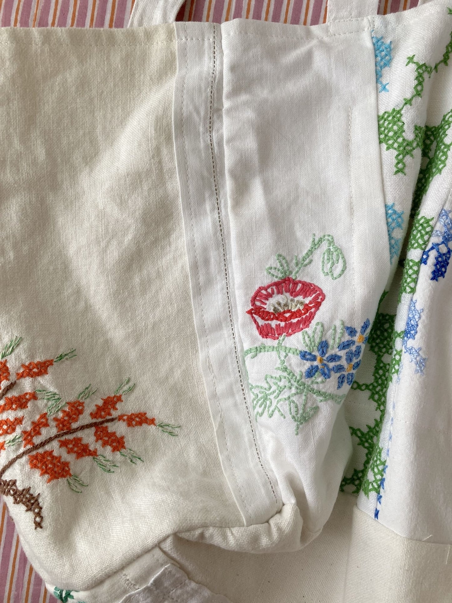 Upcycled Vintage Embroidered Tote Bag, Cotton Linen Patchwork　'B'