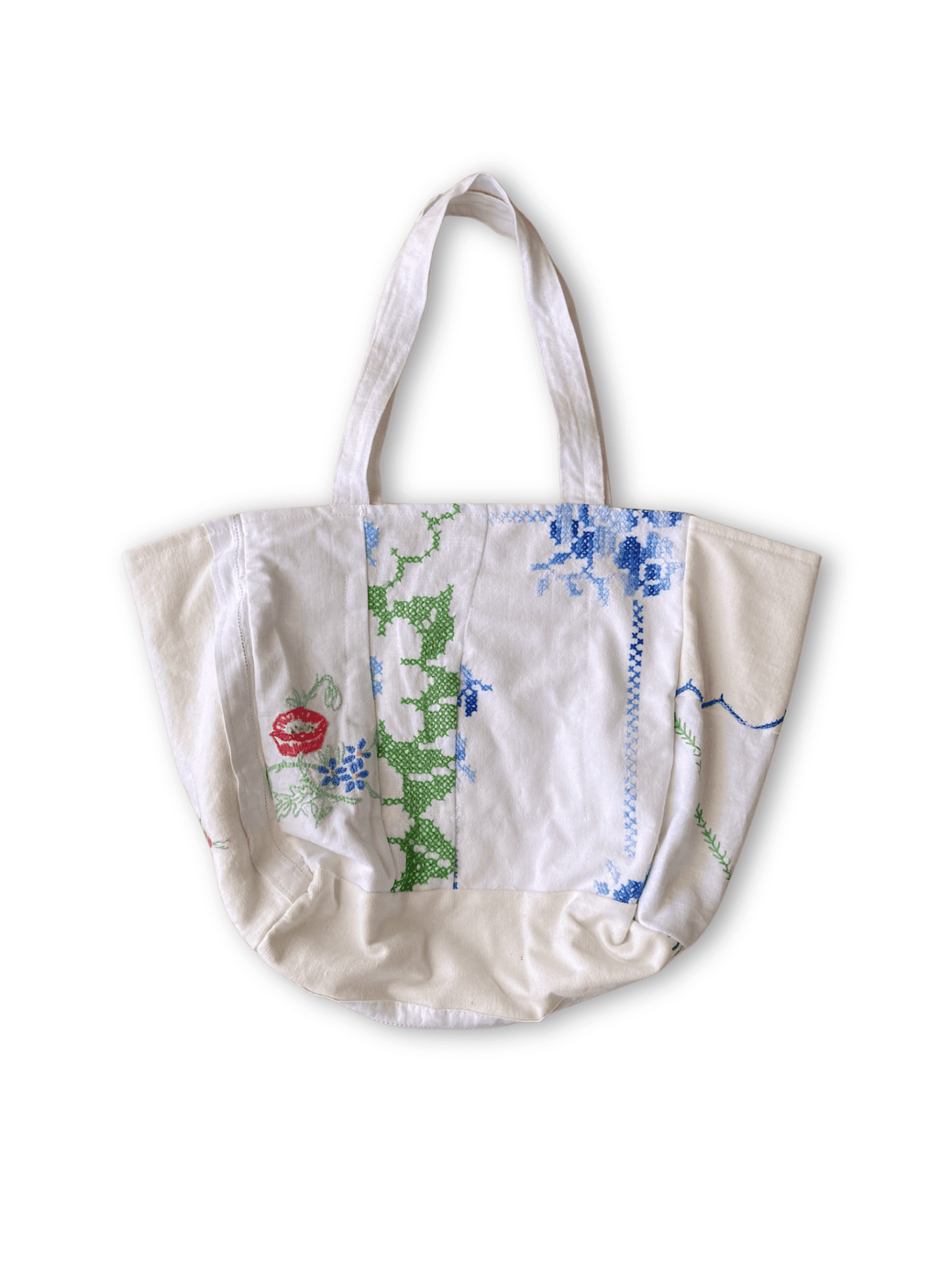 Upcycled Vintage Embroidered Tote Bag, Cotton Linen Patchwork　'B'
