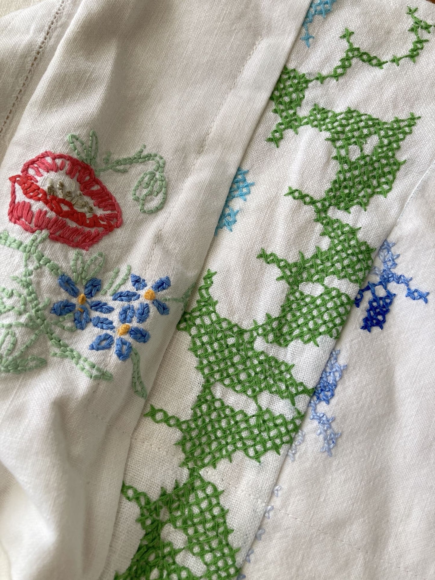 Upcycled Vintage Embroidered Tote Bag, Cotton Linen Patchwork　'B'