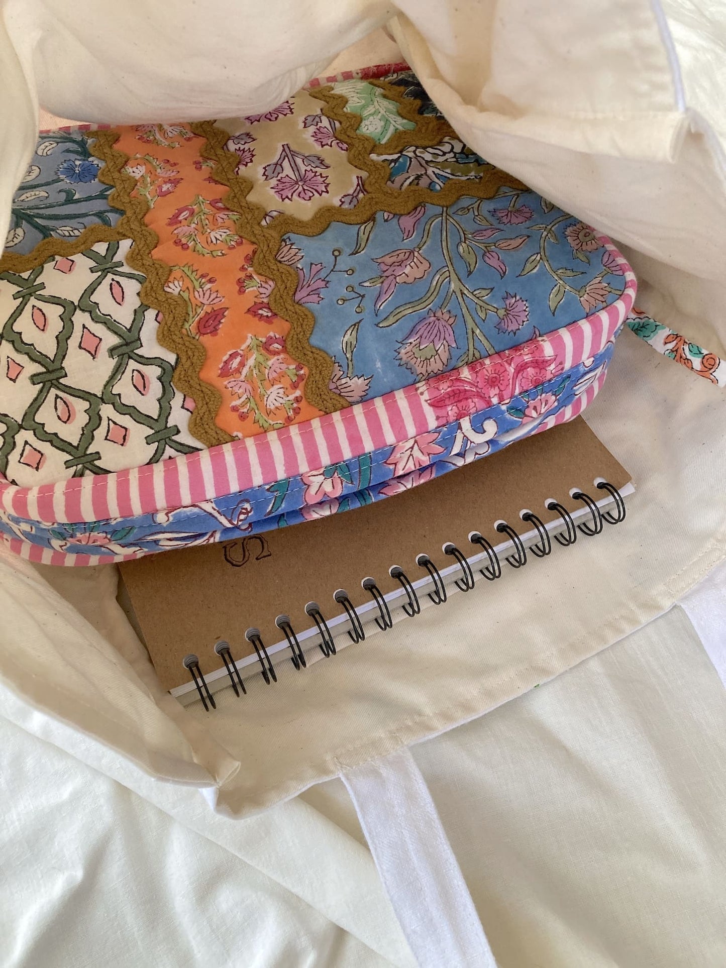 Upcycled Vintage Embroidered Tote Bag, Cotton Linen Patchwork　'B'