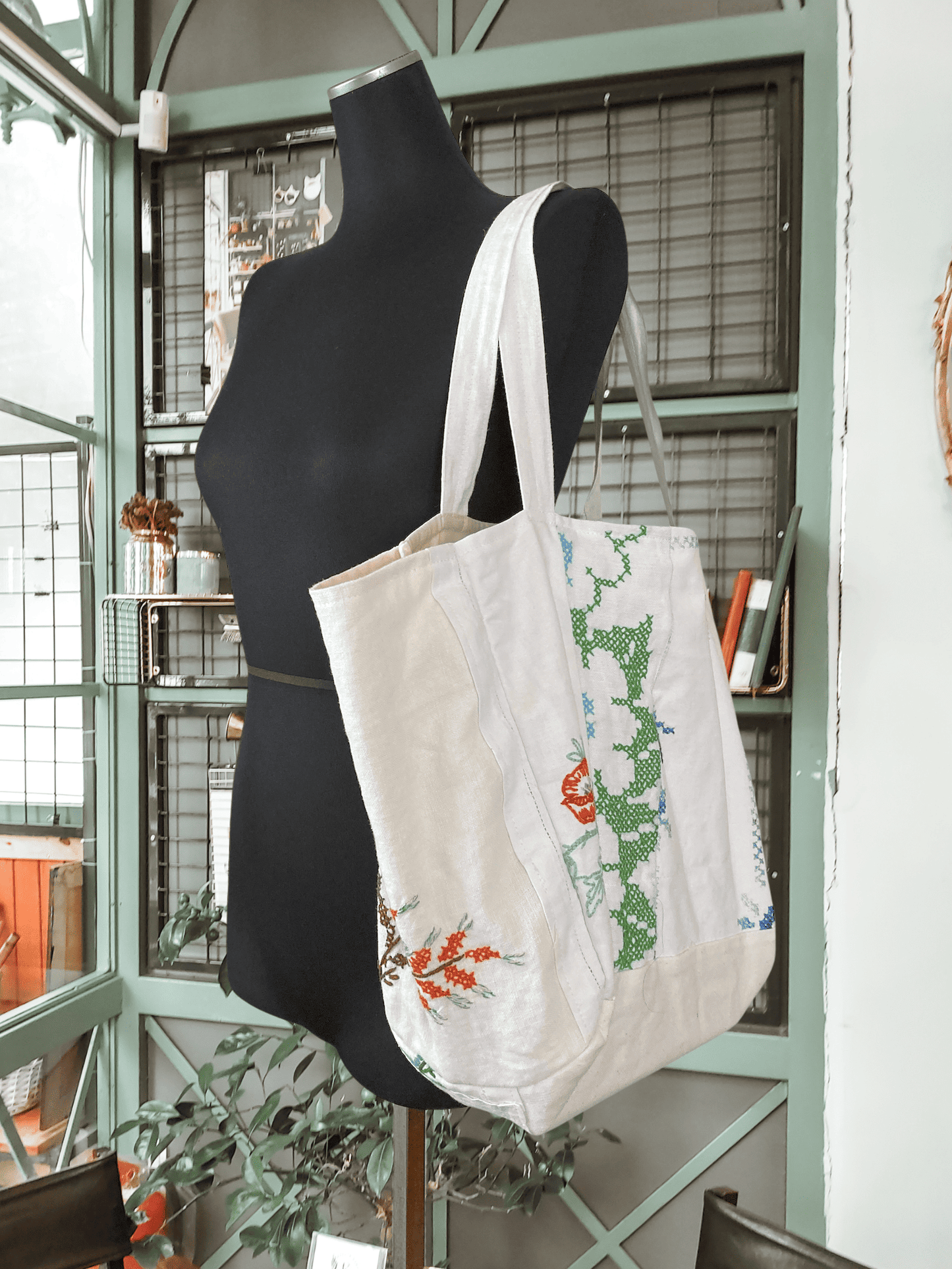 Upcycled Vintage Embroidered Tote Bag, Cotton Linen Patchwork　'B'