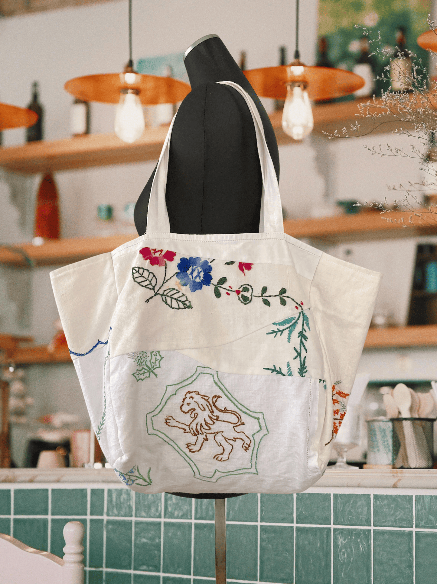 Upcycled Vintage Embroidered Tote Bag, Cotton Linen Patchwork　'B'
