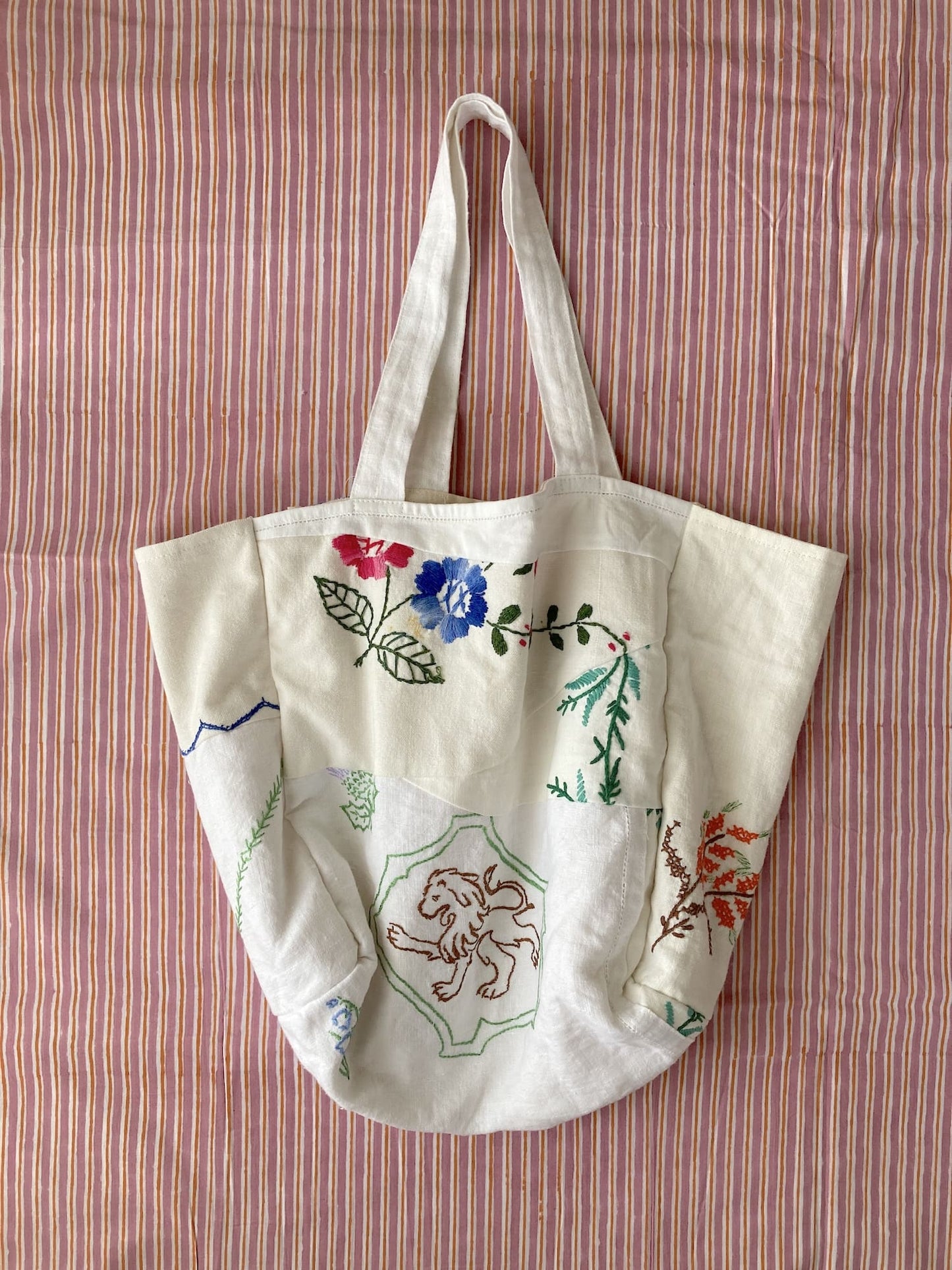 Upcycled Vintage Embroidered Tote Bag, Cotton Linen Patchwork　'B'