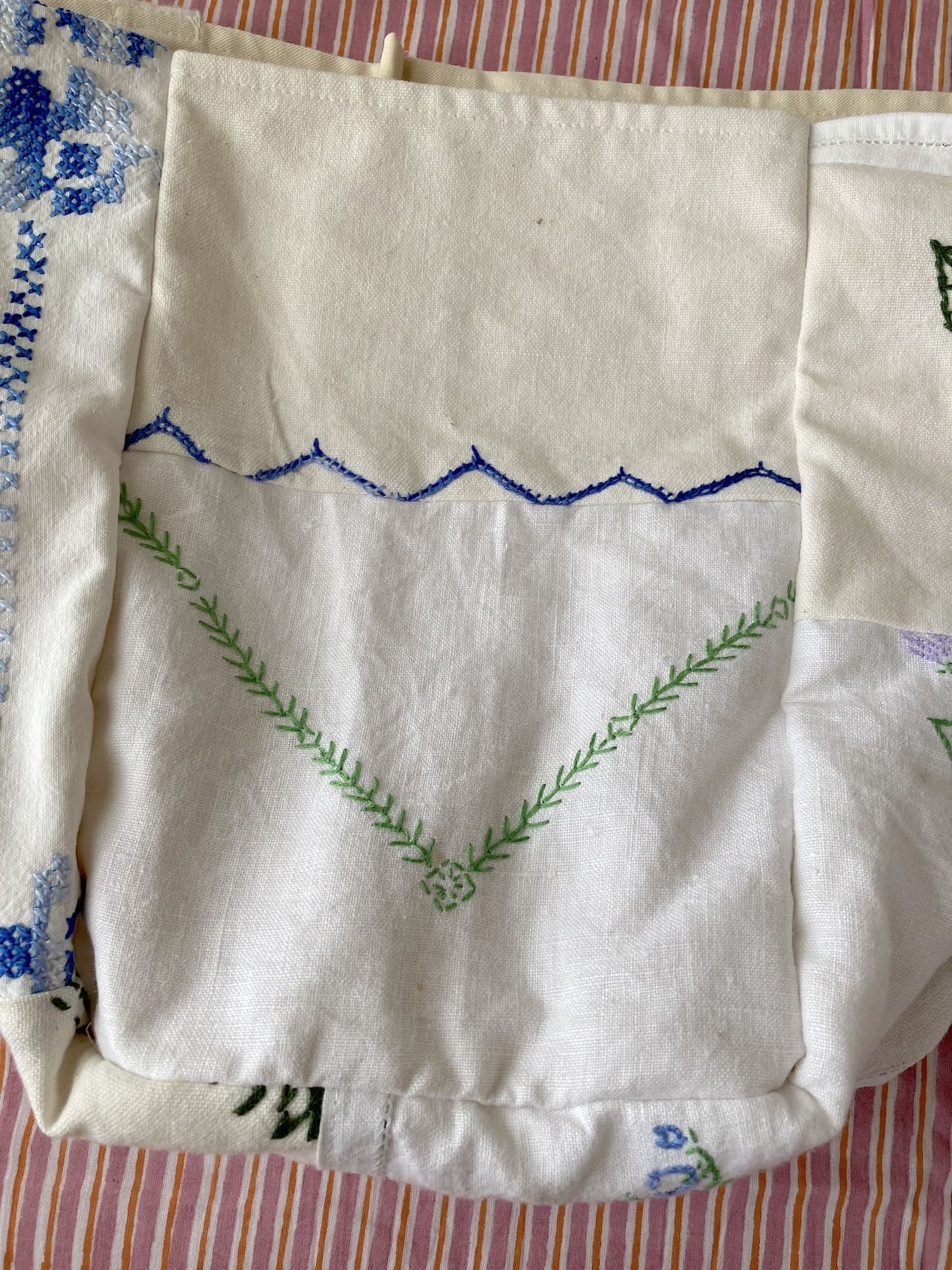 Upcycled Vintage Embroidered Tote Bag, Cotton Linen Patchwork　'B'