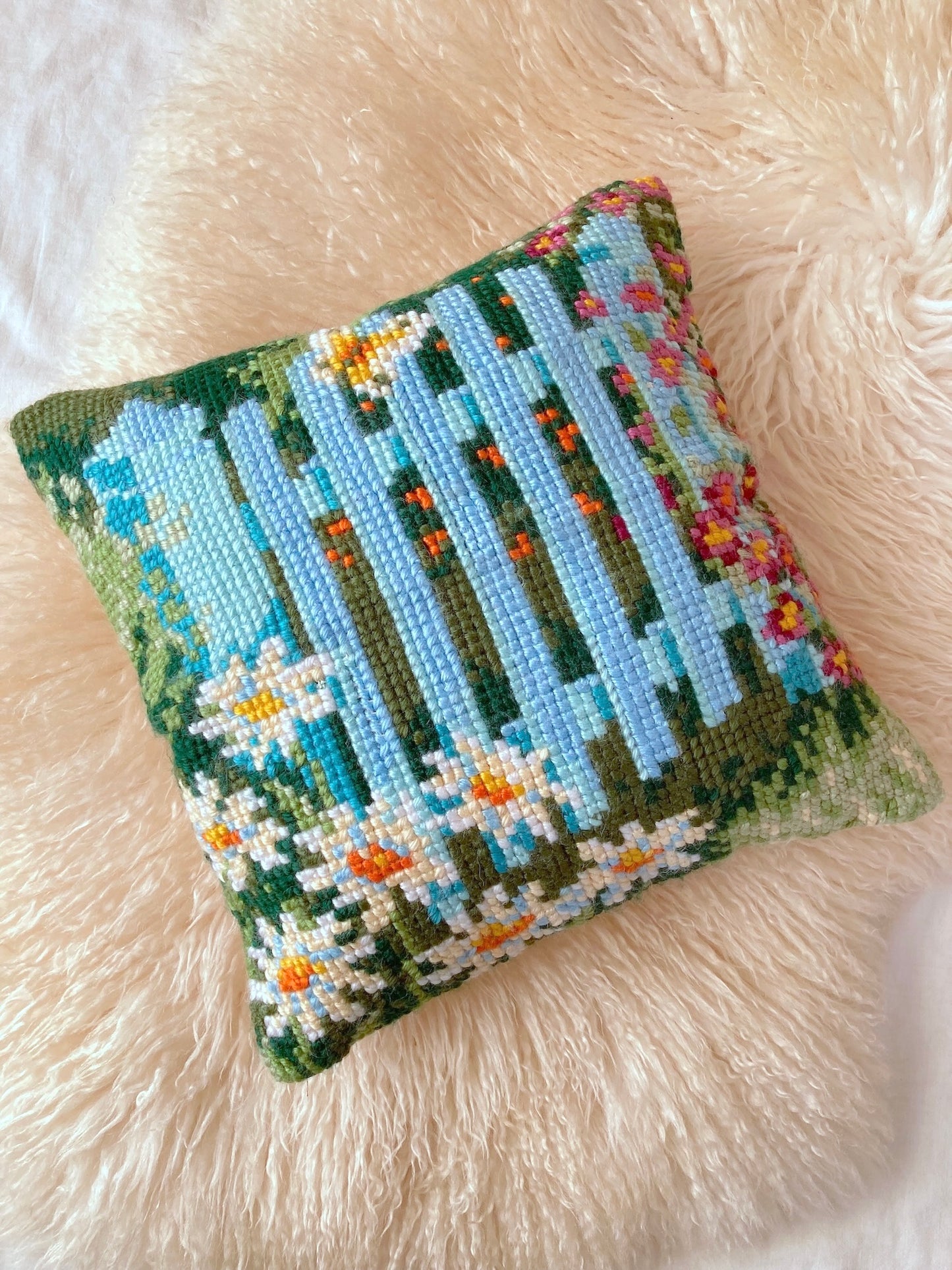 Vintage Garden Motif Needlework Cushion Cover