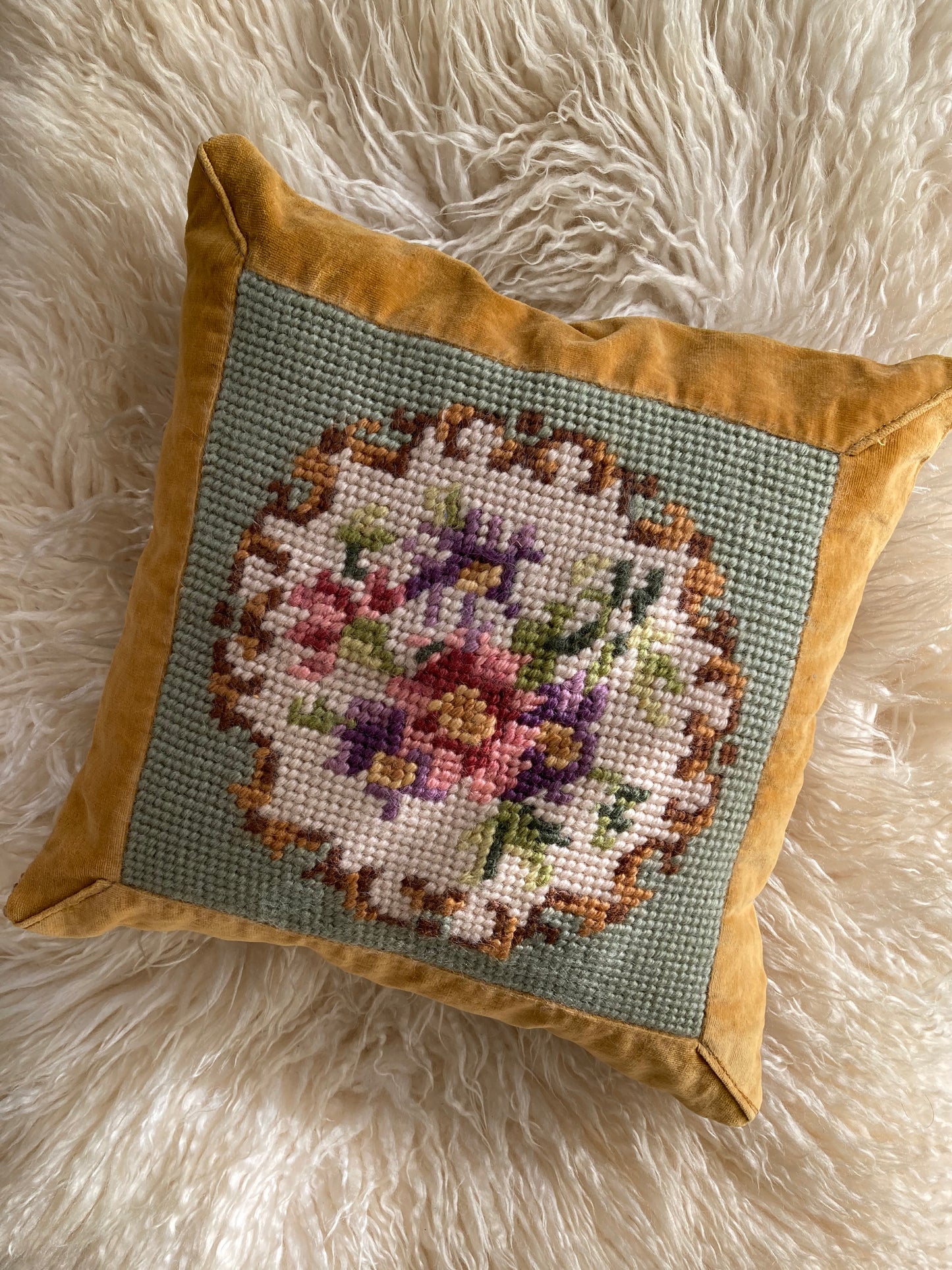 Vintage Mustard Velvet & Wool Needlepoint Cushion Cover