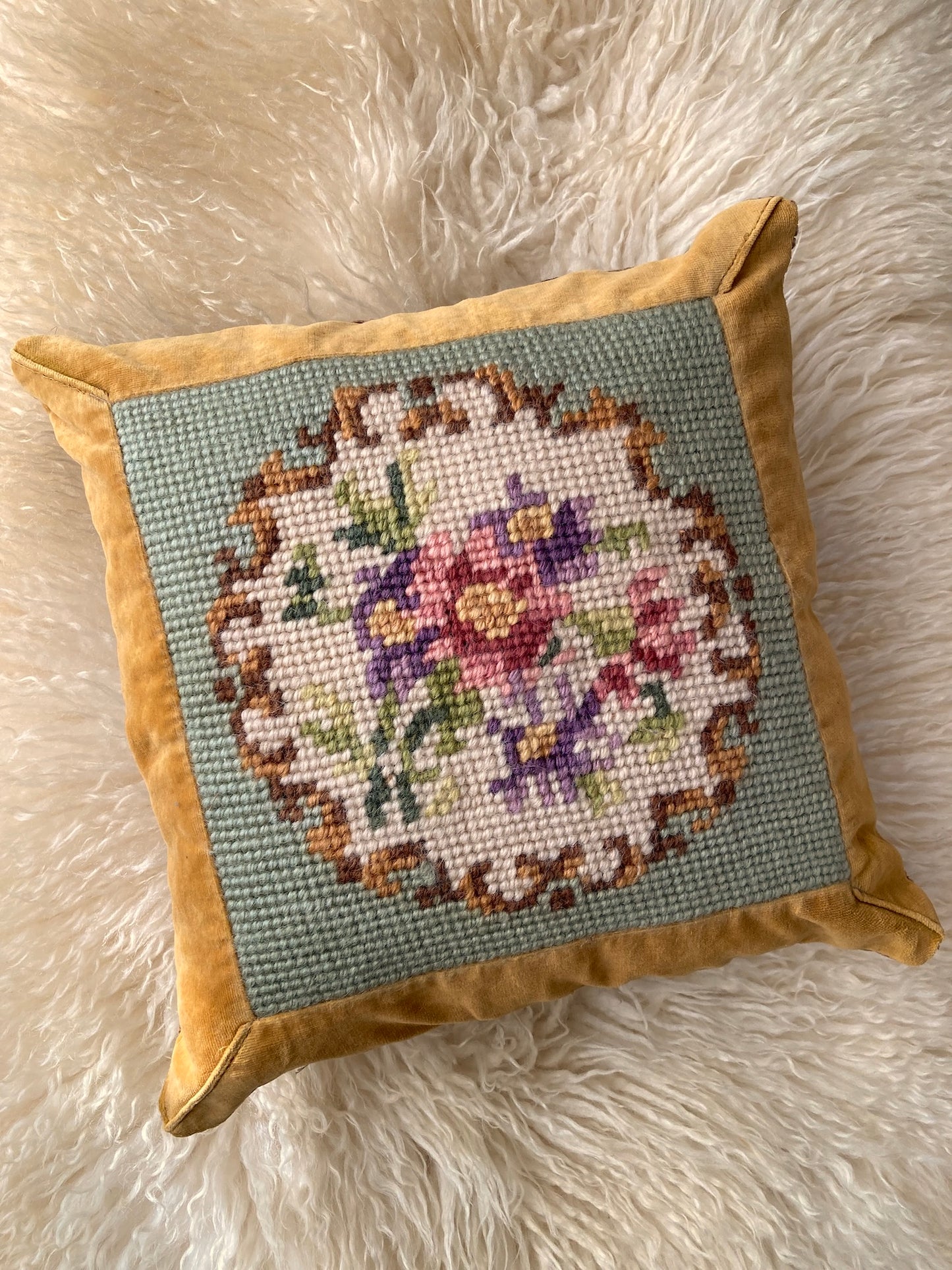 Vintage Mustard Velvet & Wool Needlepoint Cushion Cover