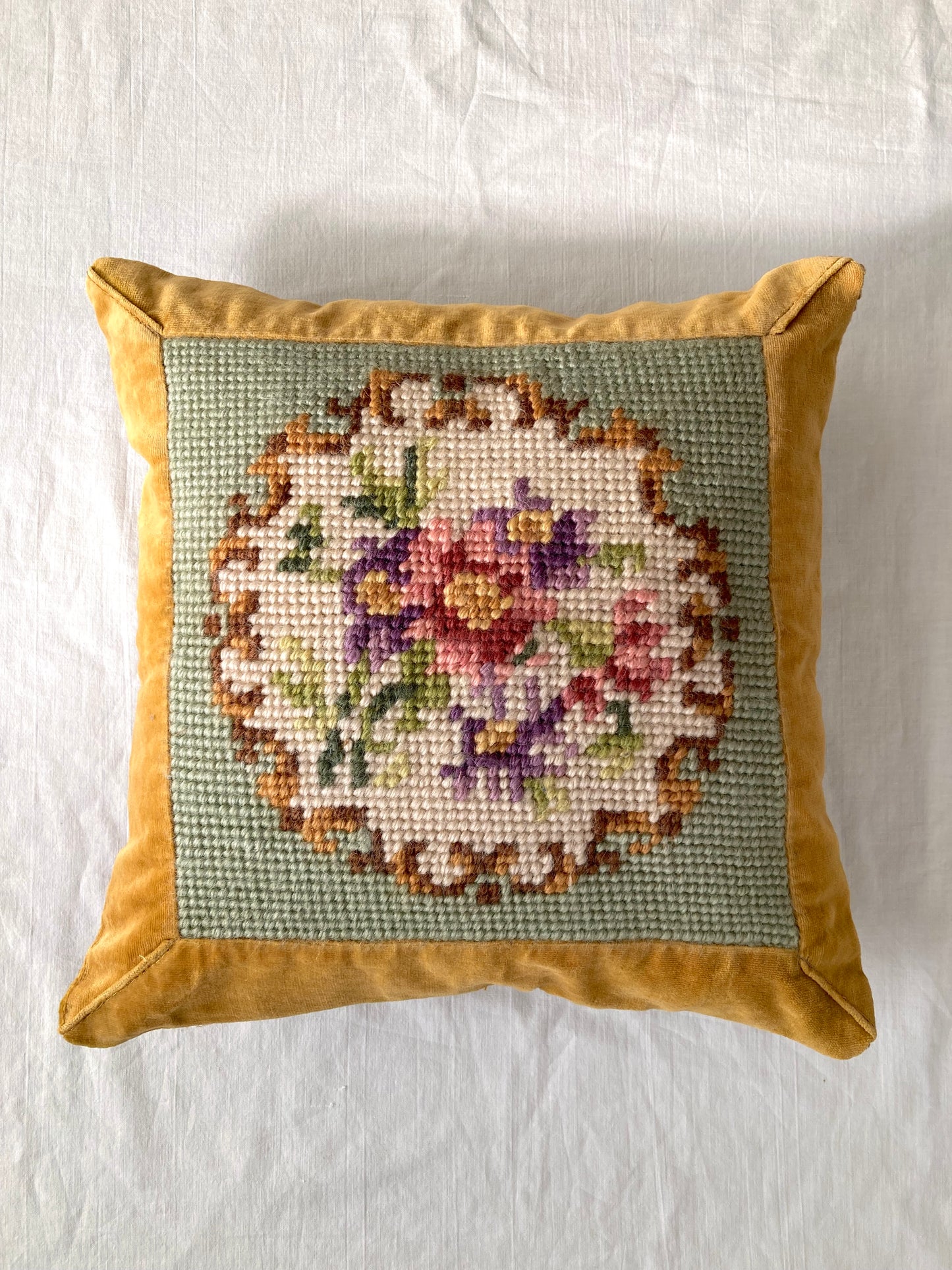Vintage Mustard Velvet & Wool Needlepoint Cushion Cover