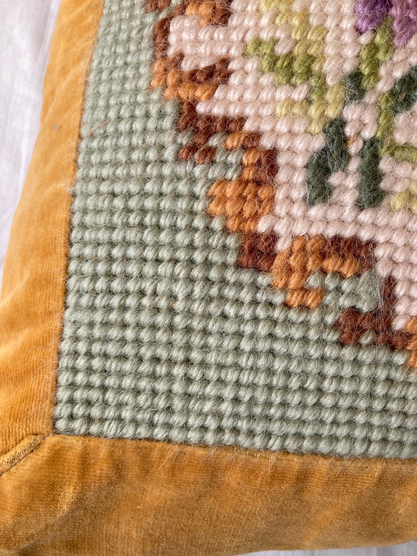 Vintage Mustard Velvet & Wool Needlepoint Cushion Cover