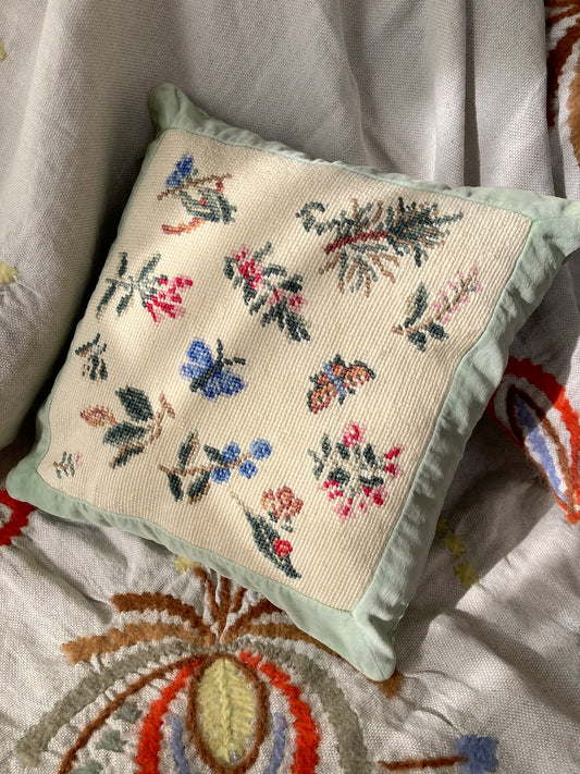 Vintage German Needlepoint Velvet Embroidered Pillow Cover
