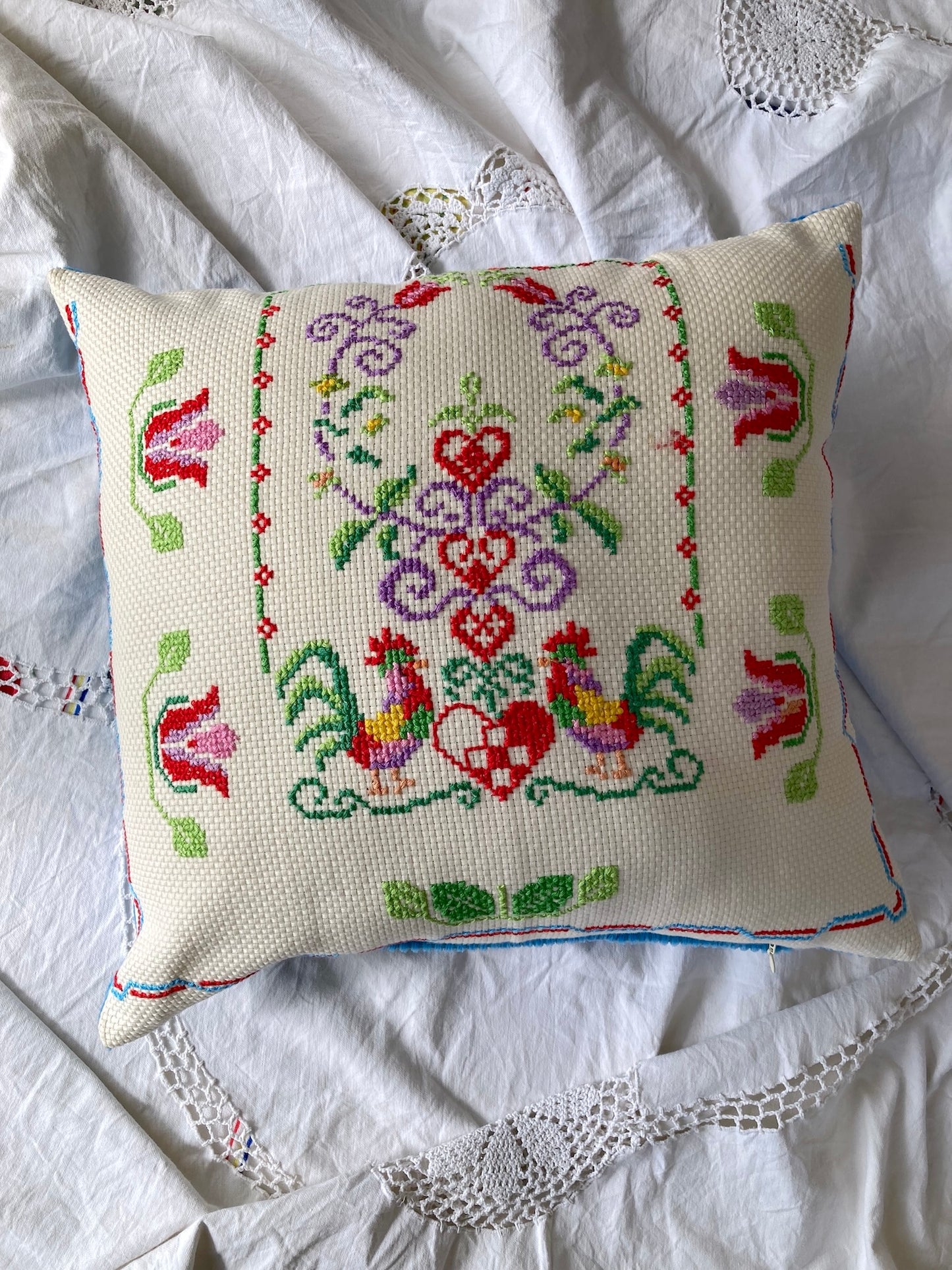 Nordic Vintage Colorful Embroidered Rooster & Flower Cushion Cover (43x40cm)